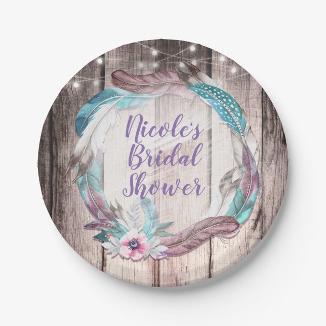 Boho Feathers Wreath & String Lights Bridal Shower Paper Plate (Front)