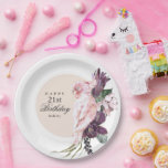 Boho Feminine Tropical Pink Parrot 21st Birthday Paper Plate<br><div class="desc">Beautifully unique party supplies for a birthday party, this boho inspired paper plate design has a pink parrot perched atop lush tropical watercolor florals Celebrate the birthday lady in memorable style! Shown here as a 21st birthday, you can customize the age to any age. The beautiful flowers in this elegant...</div>