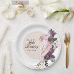 Boho Feminine Tropical Pink Parrot 50th Birthday Paper Plate<br><div class="desc">Beautifully unique party supplies for a birthday party, this boho inspired paper plate design has a pink parrot perched atop lush tropical watercolor florals Celebrate the birthday lady in memorable style! Shown here as a 50th birthday, you can customize the age to any age. The beautiful flowers in this elegant...</div>
