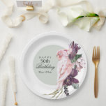 Boho Feminine Tropical Pink Parrot 50th Birthday Paper Plate<br><div class="desc">Beautifully unique party supplies for a 50th birthday party or any age, this boho inspired paper plate design has a pink parrot perched atop lush tropical watercolor florals with a light sage green round frame. Celebrate the birthday lady in memorable style! Shown here as a 50th birthday, you can customize...</div>