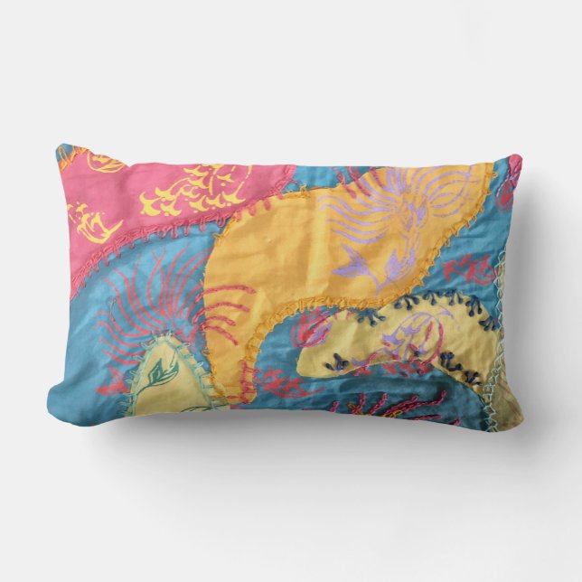 Boho Fibre Art Patchwork Quilt Lumbar Pillow (Front)