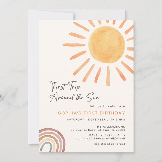 Boho First Trip Around The Sun 1st Birthday Invitation (Front)