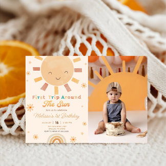 Boho First Trip Around The Sun 1st Birthday Photo Invitation