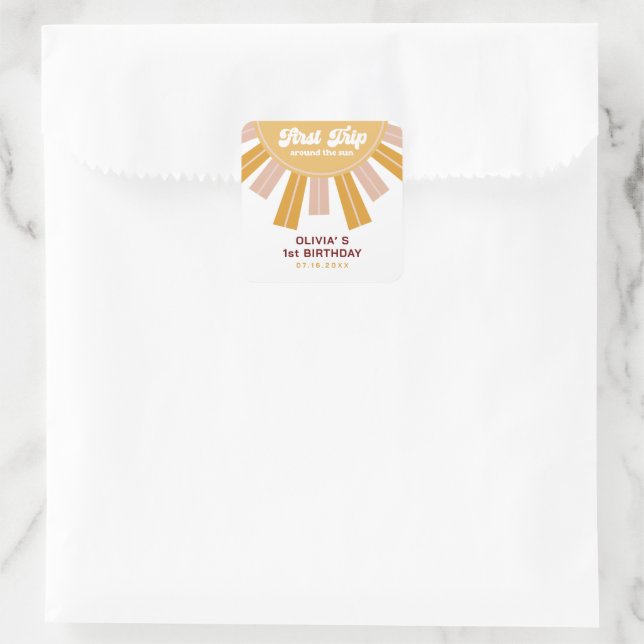 Boho First Trip Around the Sun First Birthday Square Sticker (Bag)