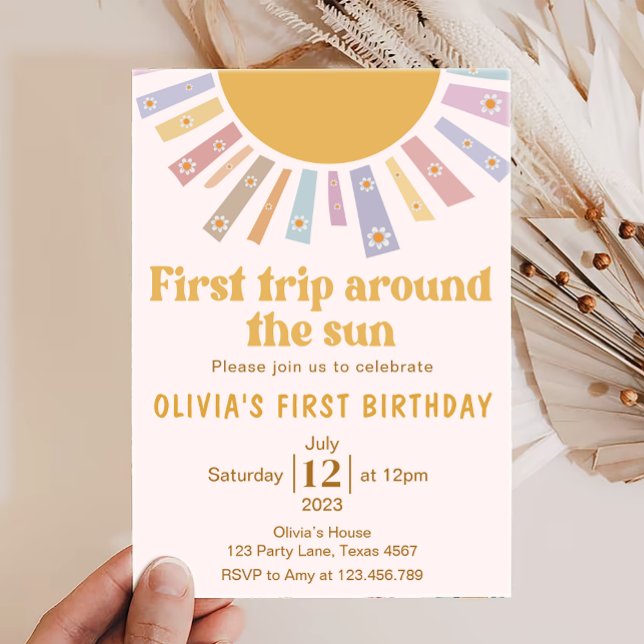 Boho First Trip Around The Sun Retro 1st Birthday Invitation (Creator Uploaded)