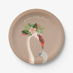 Boho Flamingo Mama + Chick Baby Shower Brown Paper Plate