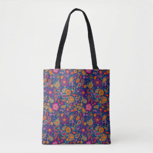 Boho Flamingo Paisley Tote Bag in Sapphire