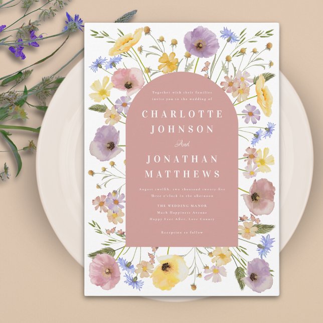 Boho Fleur sauvage Arch Spring Mariage Invitation (Colorful wildflower boho pink arch wedding invitation )