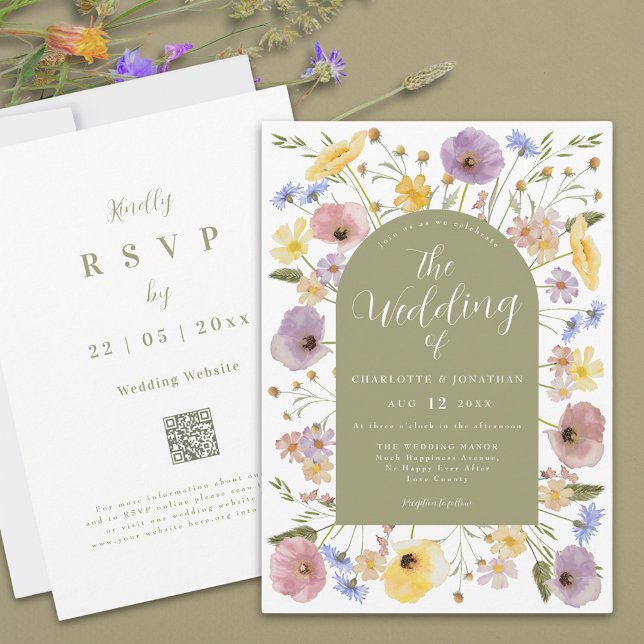 Boho Fleur sauvage Arch Spring Mariage Invitation (Colorful Wildflower wedding invitation with sage green arch elegant script and watercolor florals)