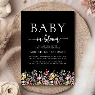 Boho Fleur sauvage Black Baby shower Invitation