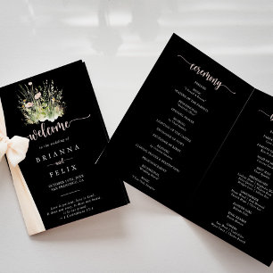 Boho Fleur sauvage Black Folded Wedding Programme