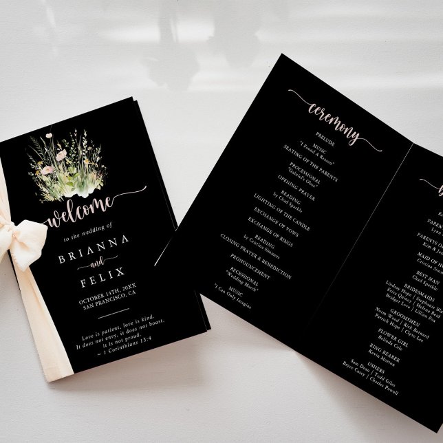 Boho Fleur sauvage Black Folded Wedding Programme (Créateur téléchargé)