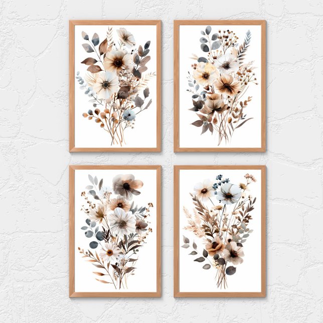 Boho Fleur sauvage Floral Botanical Bleu Brown Bei (Boho Wildflowers Blue Brown Beige Watercolor Floral Wall art set of 2, 3 or 4 prints)