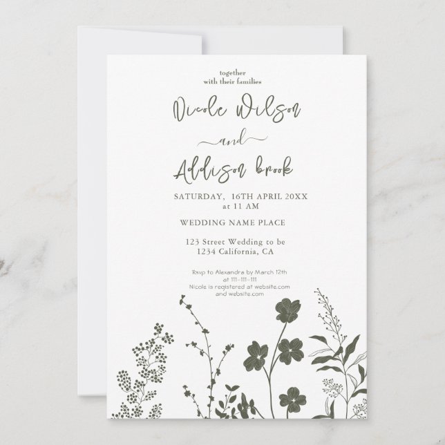 Boho Fleur sauvage Olive Green Faire-part de maria (Devant)