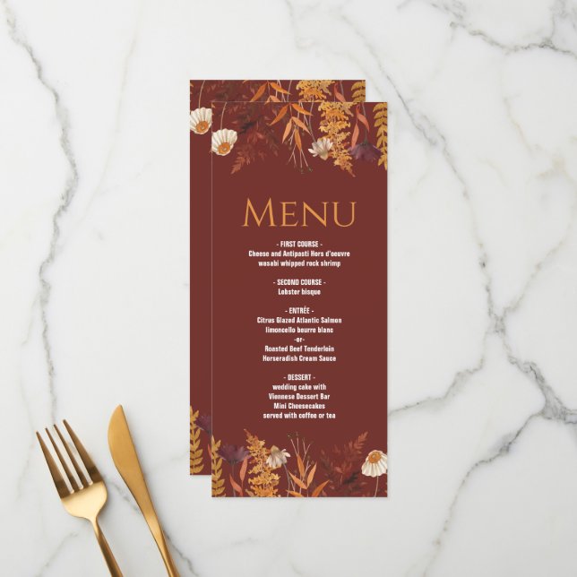 Boho Fleur sauvage Terracotta Automne Mariage Menu (Devant/Arrière en situation)