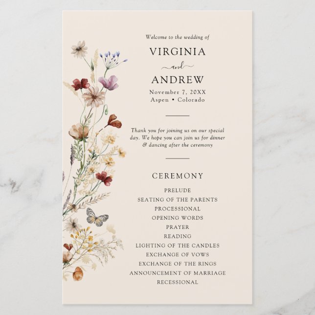 Boho Fleur sauvage Wedding Programme (Devant)