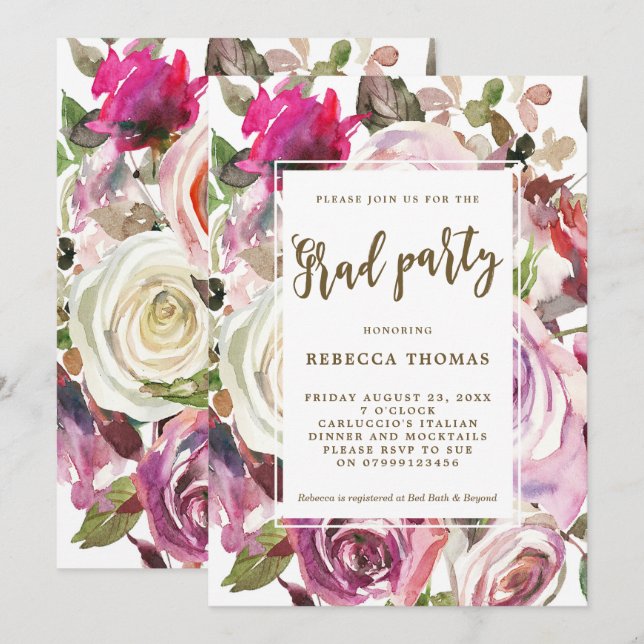 Boho fleuri violet invitation à Graduation party (Devant / Derrière)