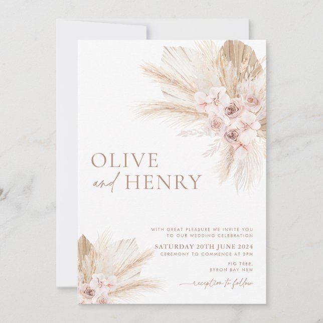 Boho Fleurs Beige Pampas Faire-part de mariage OLI (Devant)