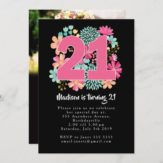 Boho Floral 21st Birthday Photo Cards Invites (Front/Back)