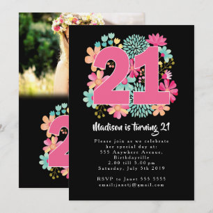 Boho Floral 21st Birthday Photo Cards Invites