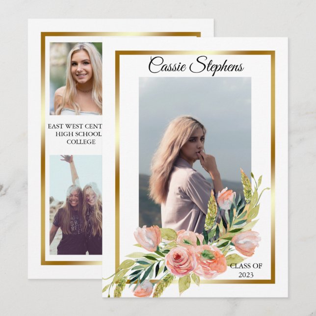 Boho Floral 4 Photo Collage Gold Frame Graduation  Announcement (Front/Back)