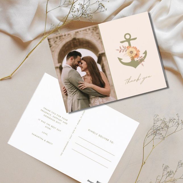 Boho Floral Anchor Wedding Photo Thank You  Postcard (Boho Nautical Photo Wedding Thank You Postcards)