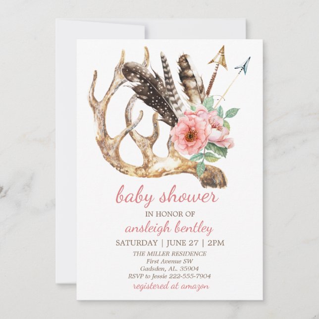 Boho Floral and Antler Baby Shower Invitation (Front)