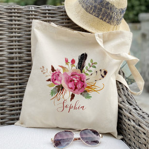 Boho floral and feather Bridesmaid Personalized Tote Bag
