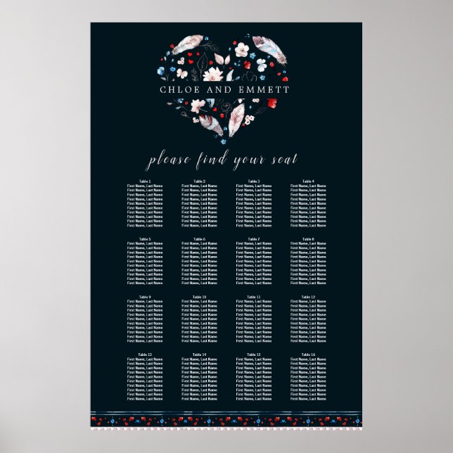 Boho Floral and Feathers 16-Table Seating Chart (Front)