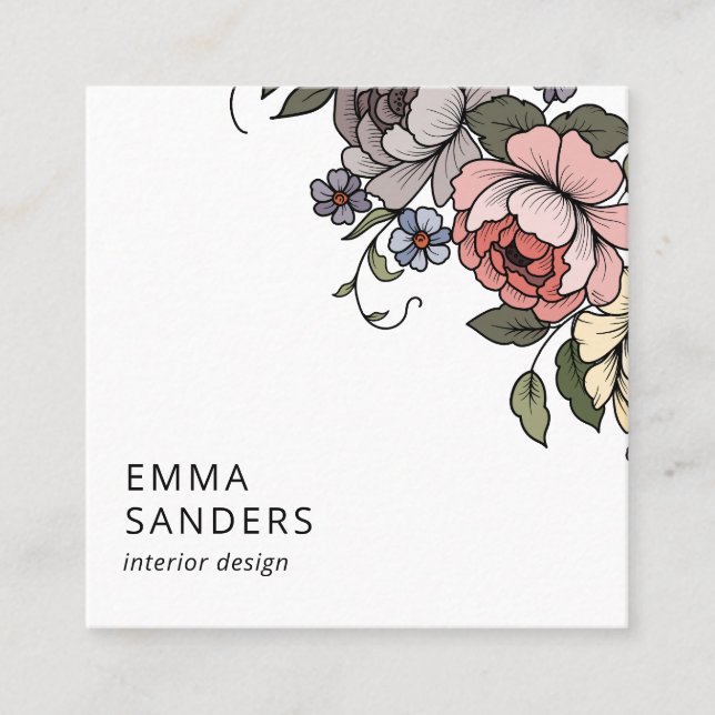 Boho Floral And Foliage  Square Business Card (Front)