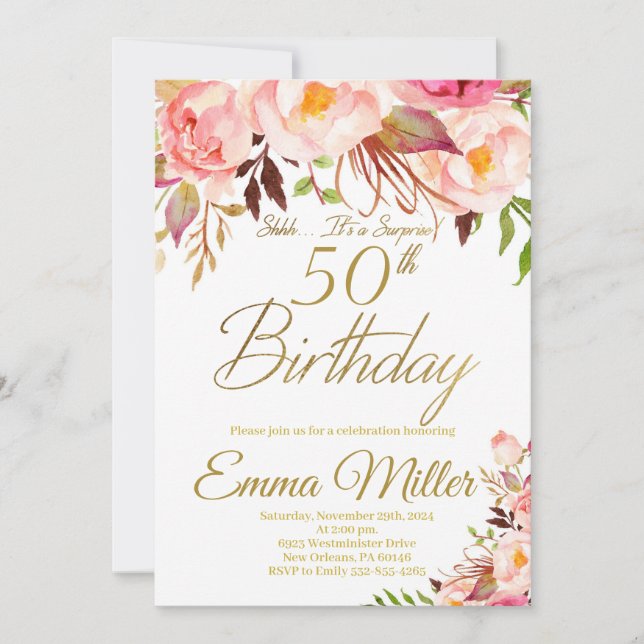 Boho Floral and Gold Surprise 50th Birthday Invitation (Front)