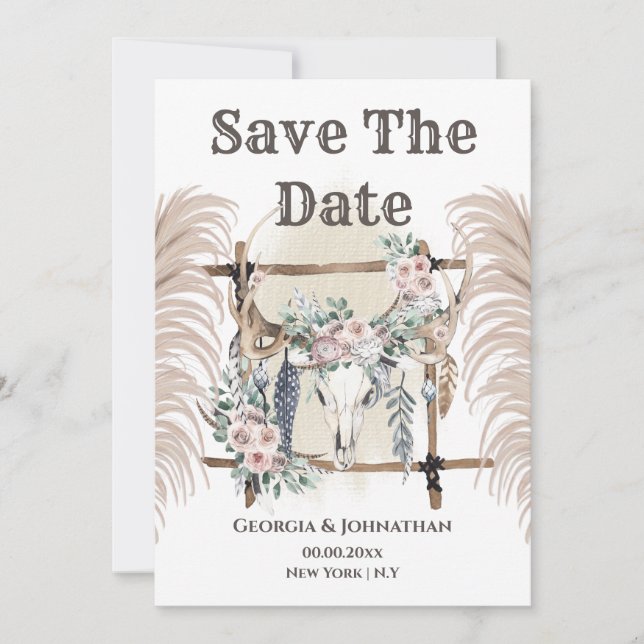 Boho floral antler deer skull tribal pampus save the date (Front)