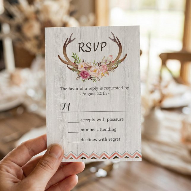 Boho Floral Antler Rustic White Wood Wedding RSVP Card (Creator Uploaded)