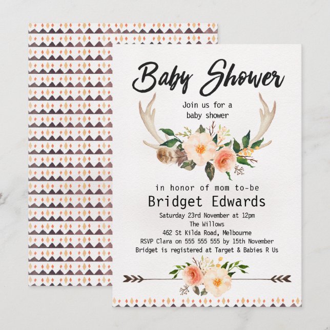 Boho Floral Antlers Baby shower neutre Invitation (Devant / Derrière)