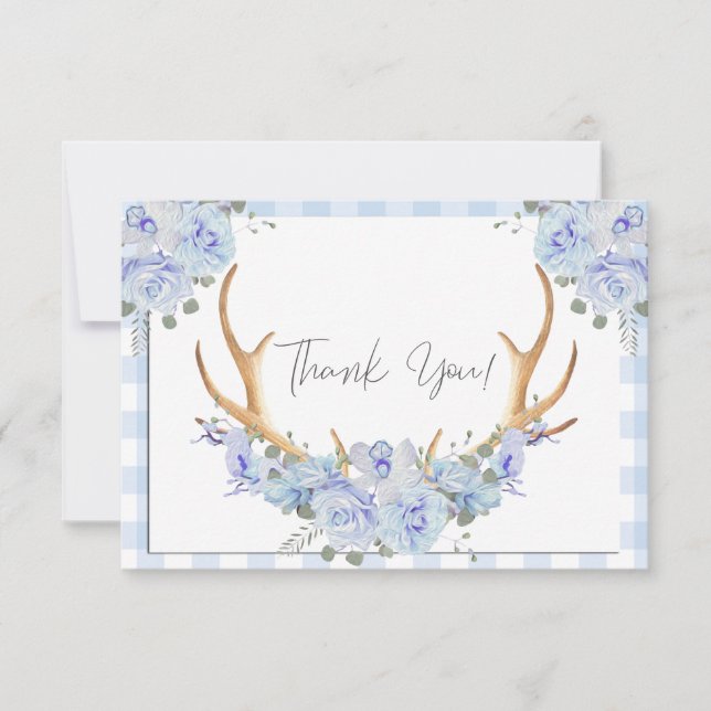 BOHO Floral Antlers Blue Gingham Thank You Card (Front)