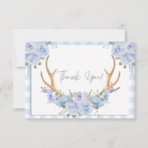 BOHO Floral Antlers Blue Gingham Thank You Card