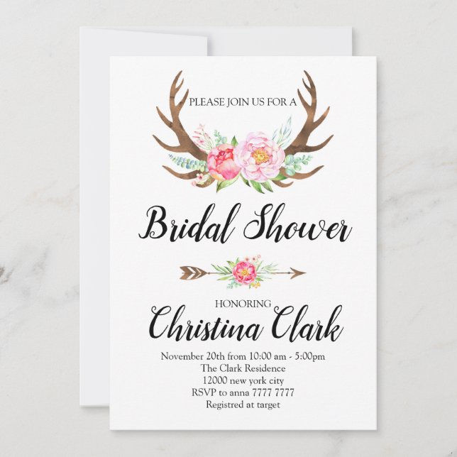 Boho Floral Antlers Bridal Shower Invitation (Front)