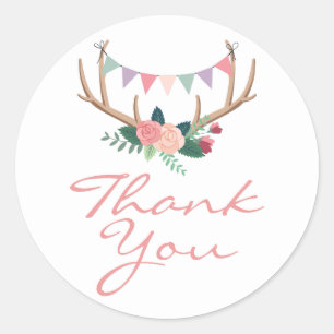 Boho Floral Antlers & Shabby Roses Party Thank You Classic Round Sticker