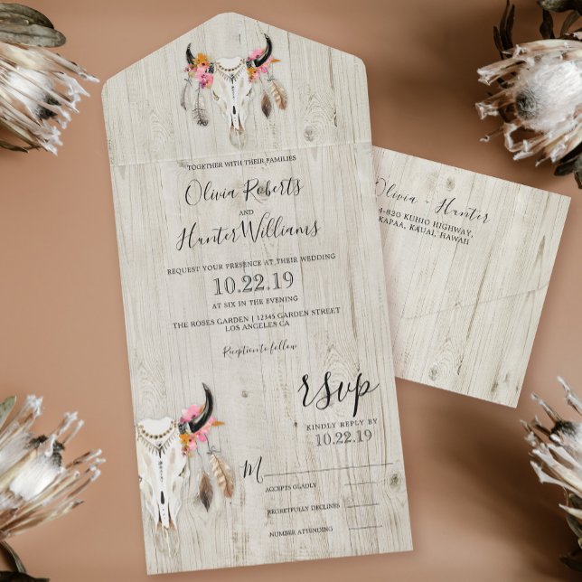 Boho Floral Antlers Skull Wood Wedding All In One Invitation (Creator Uploaded)