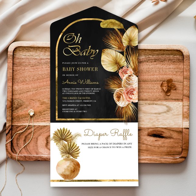 Boho Floral Arch Dried Palm Charcoal Baby Shower All In One Invitation (Creator Uploaded)