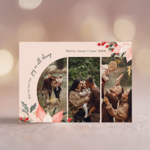 Boho Floral Arch Joy In All Things Three Photo Holiday Card
