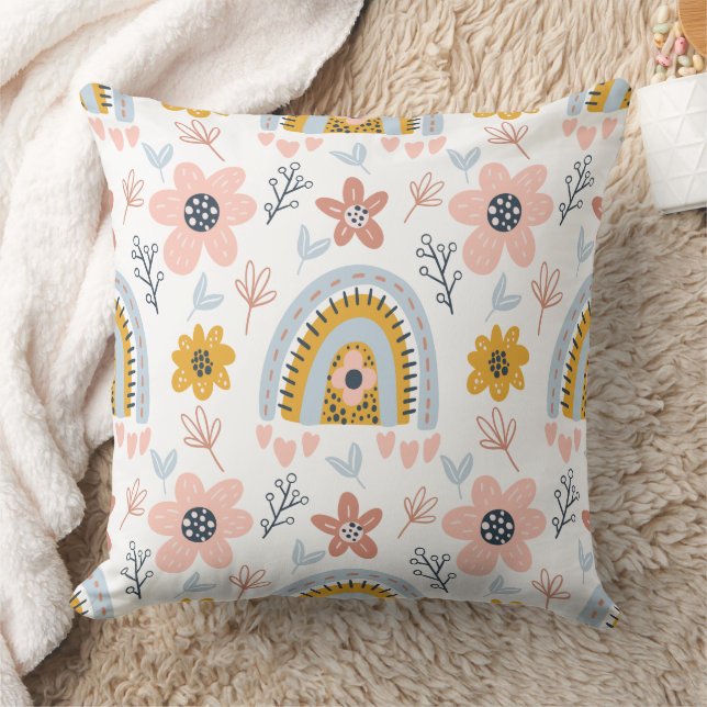 Boho Floral & Arch Rainbow Pattern Throw Pillow (Blanket)