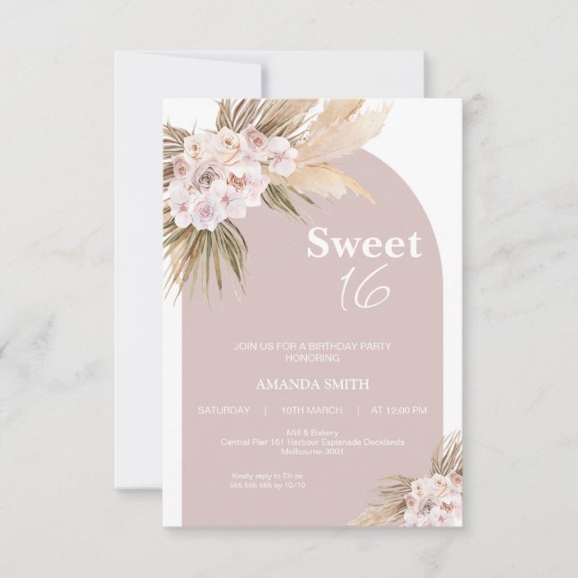 Boho Floral Arch Sweet 16 Birthday Invitation (Front)