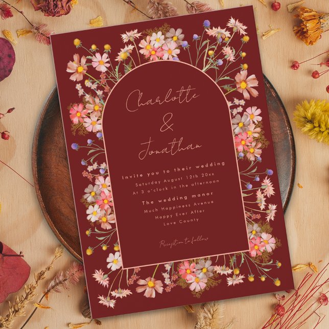 Boho Floral Arch Terracotta Fall Wedding Invitation (Wildflower arch boho script burgundy terracotta fall wedding invitation)