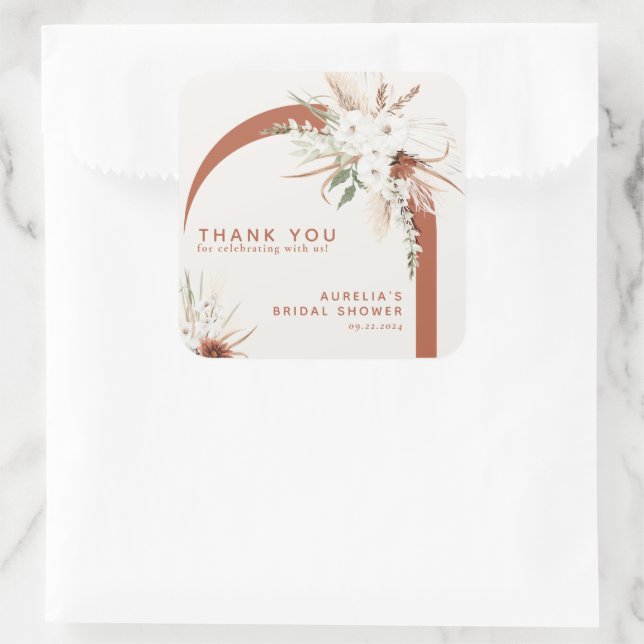 Boho Floral Arch Thank You Square Sticker (Bag)