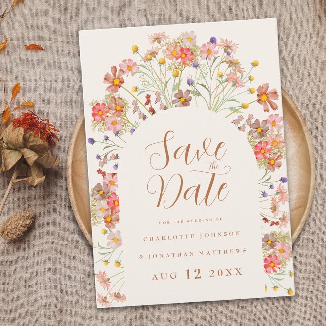 Boho Floral Arch Wedding Save The Date (Elegant modern Boho wildflower floral arch fall wedding save the date script watercolor flowers)
