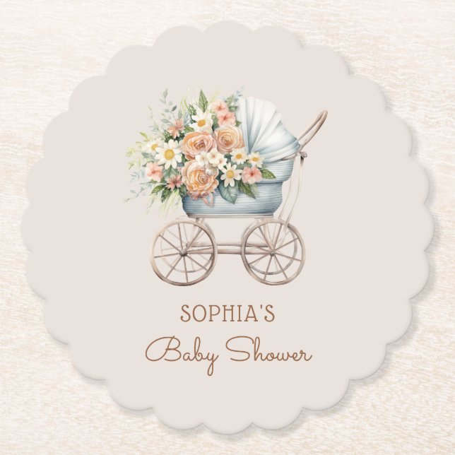 Boho Floral Baby Carriage Baby Shower Paper Coaster (Front)