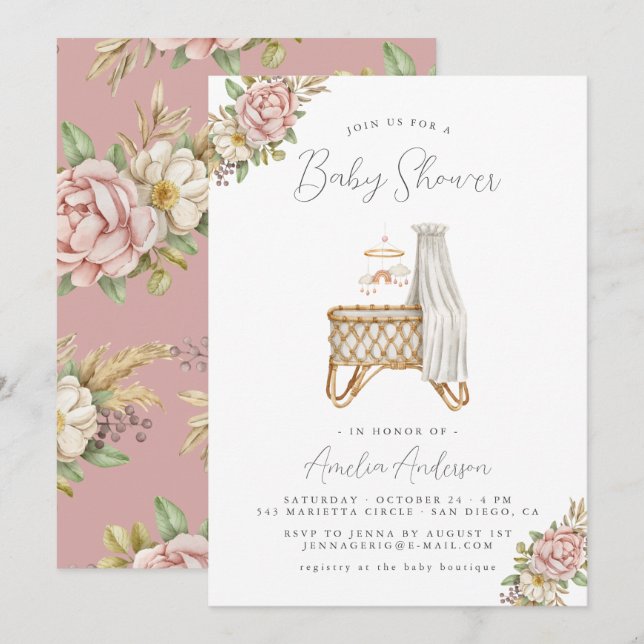 Boho Floral Baby Girl Douche Invitation (Devant / Derrière)