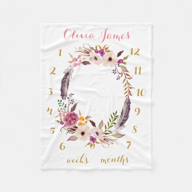 Boho Floral Baby Milestone Monthly Baby Blanket (Front)