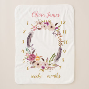 Boho Floral Baby Milestone Monthly Sherpa Blanket